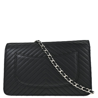 Chanel 2012 Black Caviar Skin Chevron WOC Wallet on Chain Bag