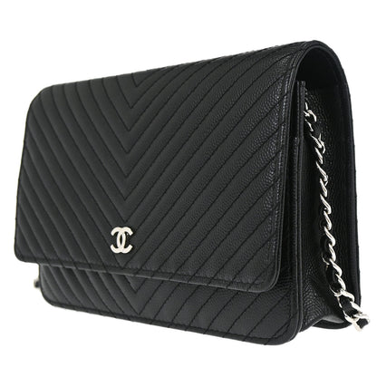 Chanel 2012 Black Caviar Skin Chevron WOC Wallet on Chain Bag