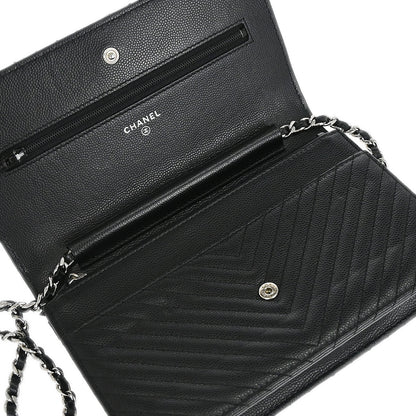 Chanel 2012 Black Caviar Skin Chevron WOC Wallet on Chain Bag