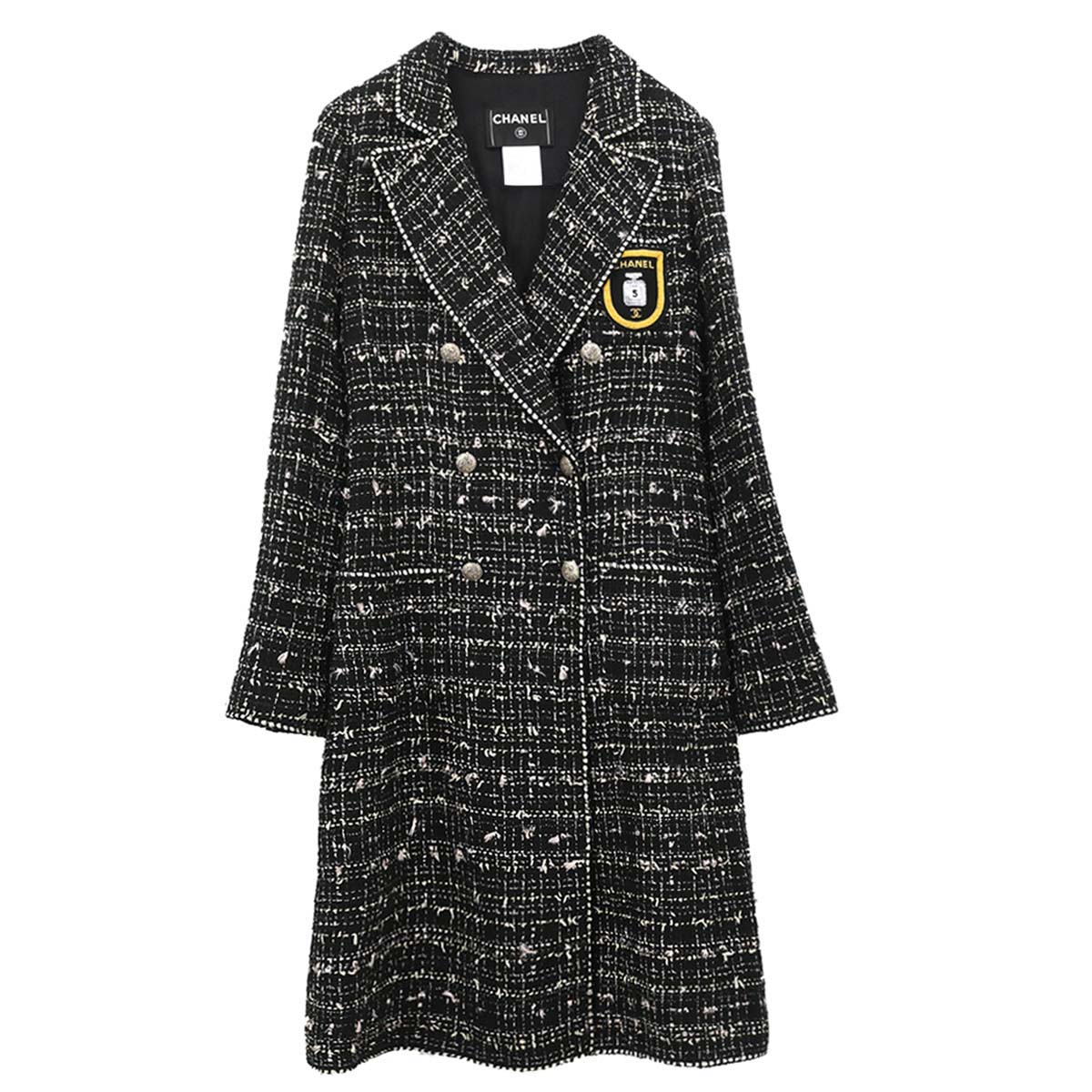 Chanel 2005 Emblem Double Breasted Long Jacket Tweed Black #34