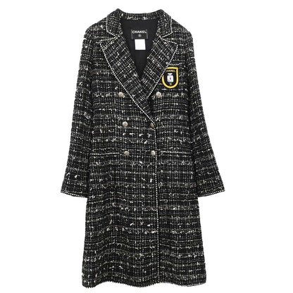 Chanel 2005 Emblem Double Breasted Long Jacket Tweed Black #34