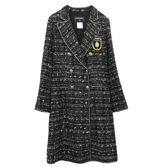 Chanel 2005 Emblem Double Breasted Long Jacket Tweed Black #34