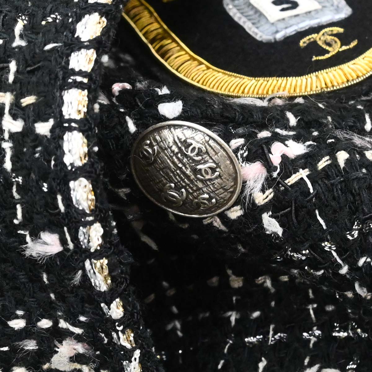Chanel 2005 Emblem Double Breasted Long Jacket Tweed Black #34