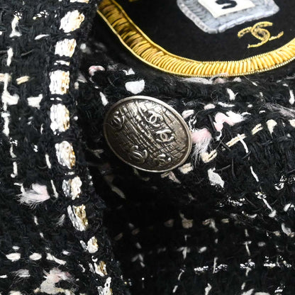Chanel 2005 Emblem Double Breasted Long Jacket Tweed Black #34