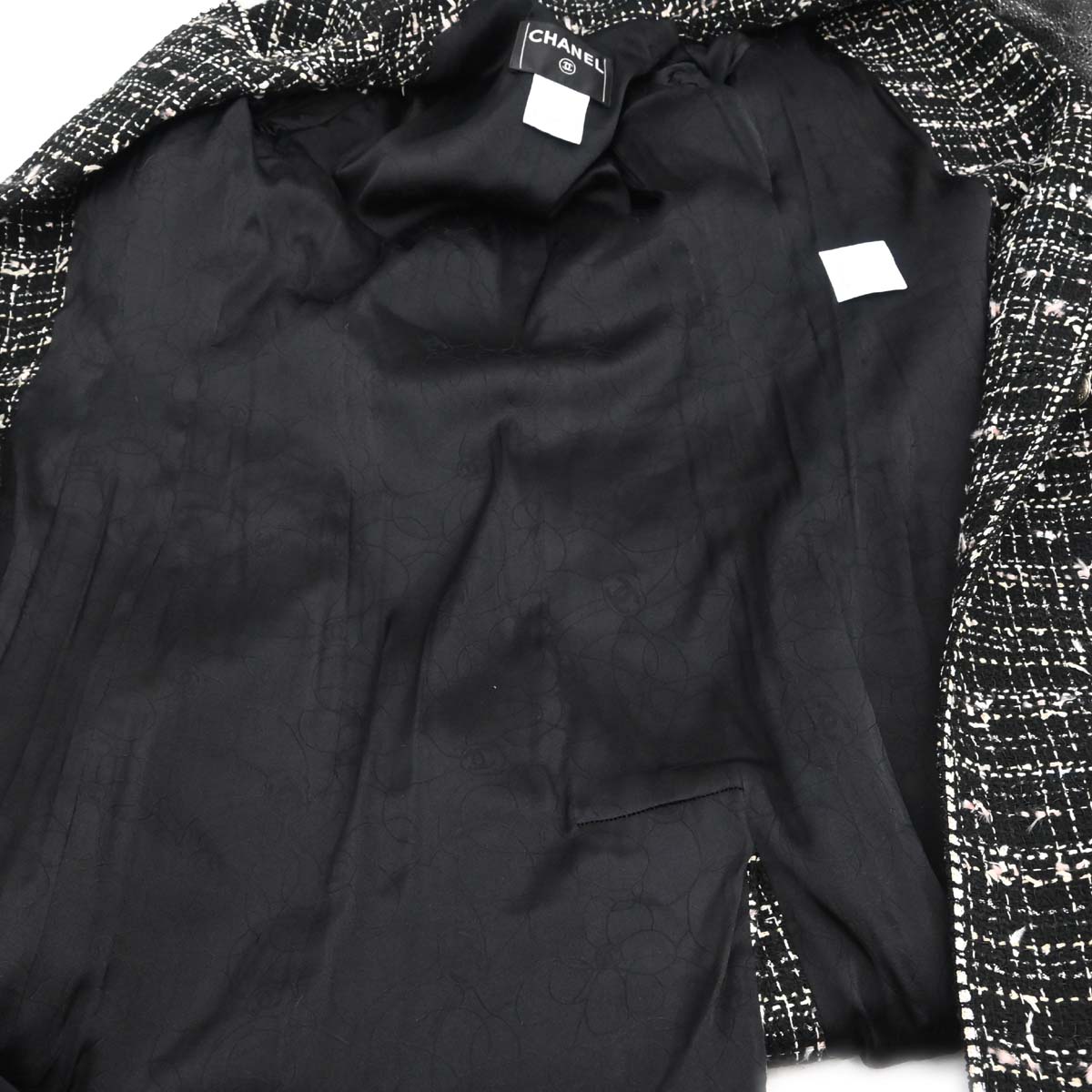 Chanel 2005 Emblem Double Breasted Long Jacket Tweed Black #34