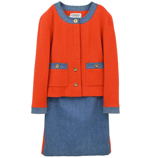 Chanel 1991 Setup Suit Jacket Skirt Red Blue #40