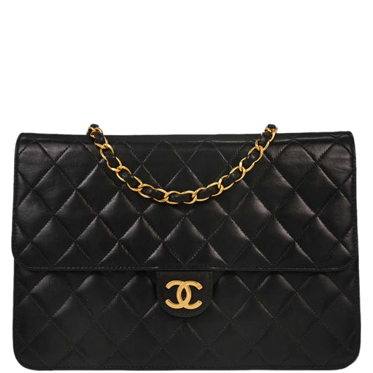 Chanel Black Lambskin Pushlock Medium Half Flap Shoulder Bag