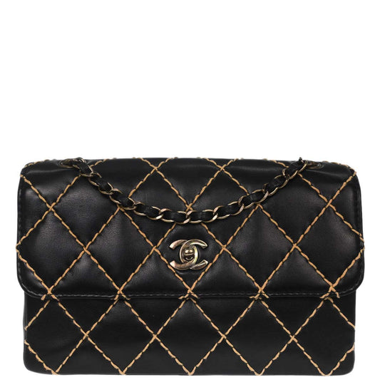 Chanel Black Calfskin Wild Stitch Straight Flap Shoulder Bag