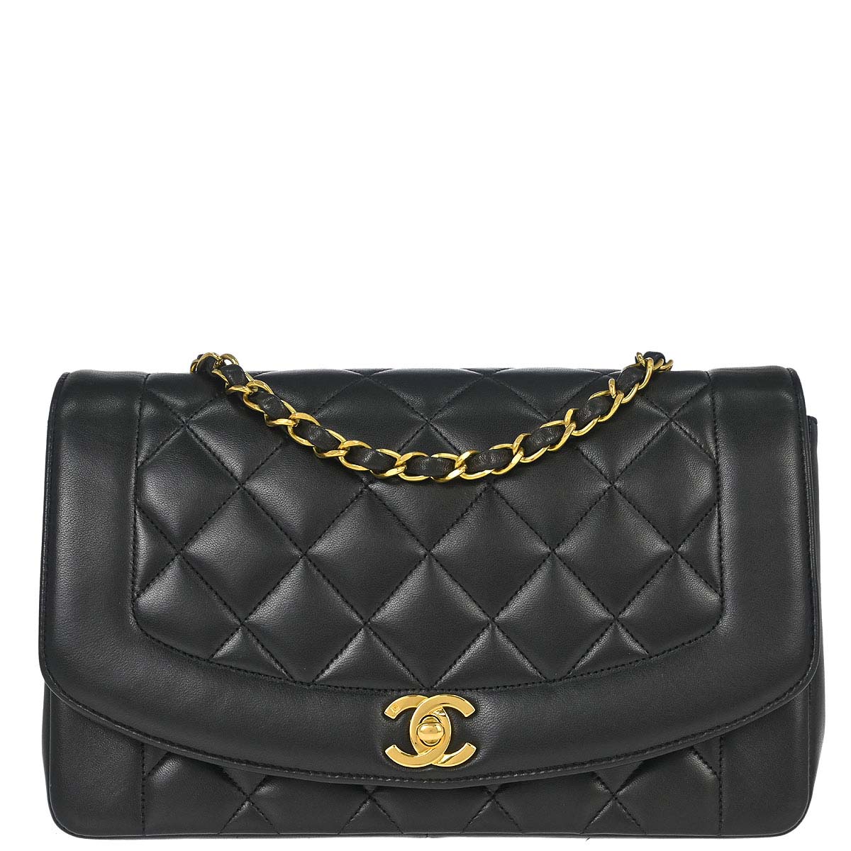 Chanel 1991-1994 Black Lambskin Medium Diana Shoulder Bag