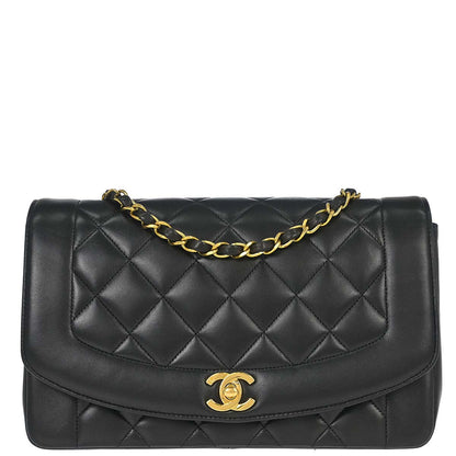 Chanel 1991-1994 Black Lambskin Medium Diana Shoulder Bag
