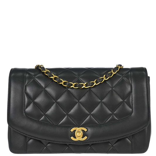 Chanel 1991-1994 Black Lambskin Medium Diana Shoulder Bag