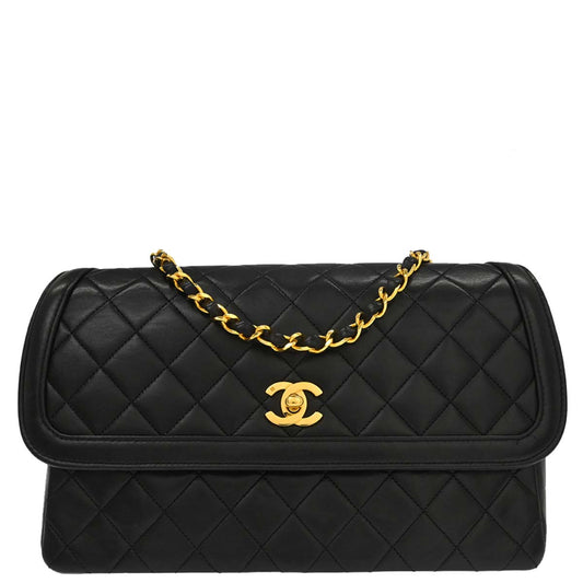 Chanel 1989-1991 Black Lambskin Straight Flap Shoulder Bag
