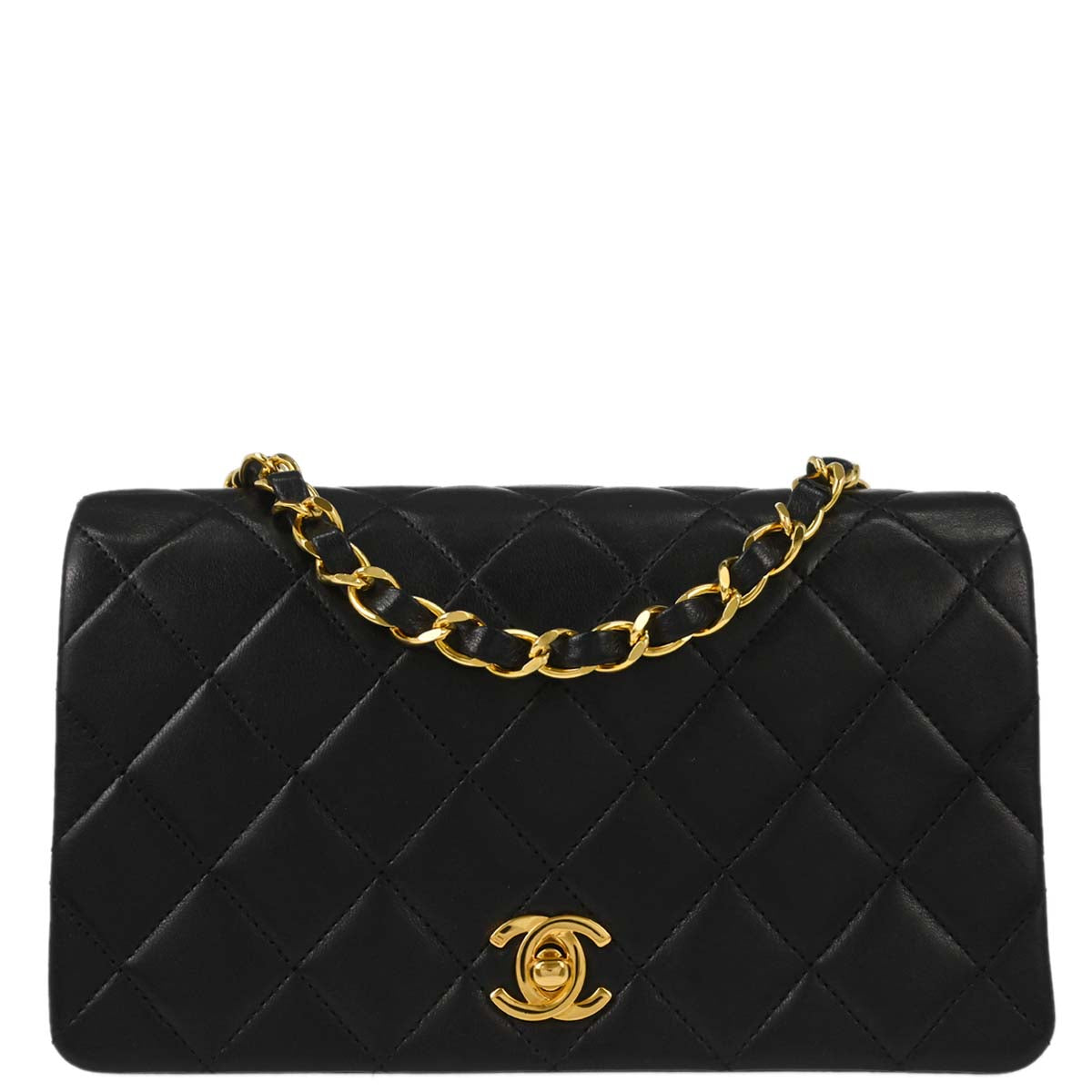 Chanel 1989-1991 Black Lambskin Turnlock Mini Full Flap Shoulder Bag