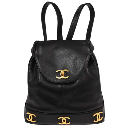 Check Chanel 1991-1994 Black Caviar Skin Triple CC Backpack