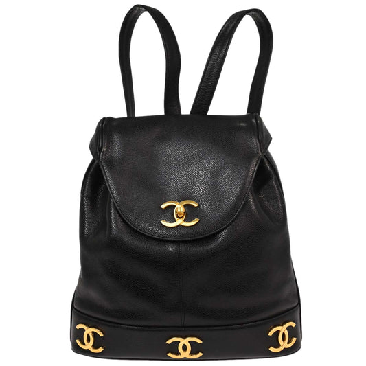 Check Chanel 1991-1994 Black Caviar Skin Triple CC Backpack