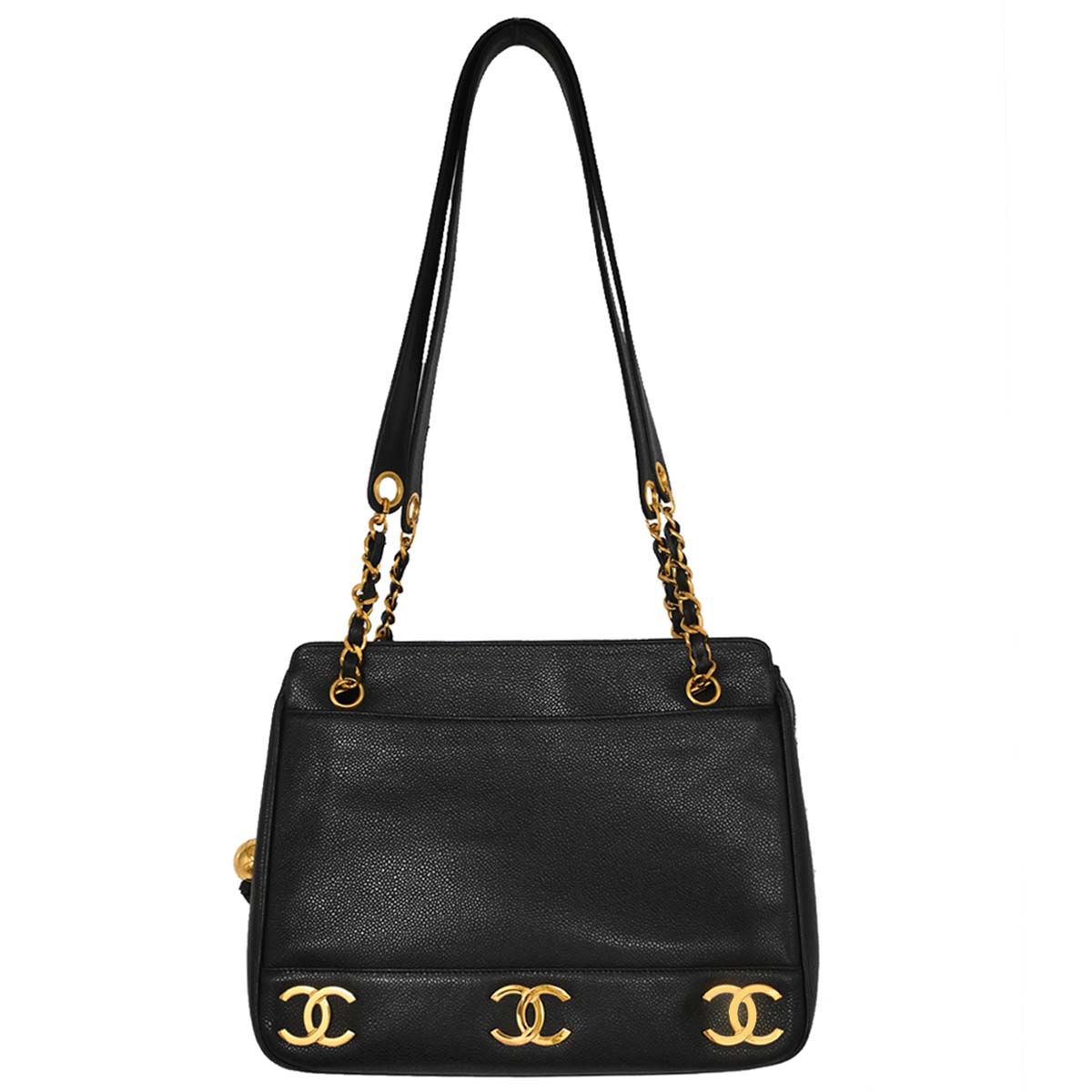 Chanel 1994-1996 Black Caviar Skin Triple CC Shoulder Tote Bag