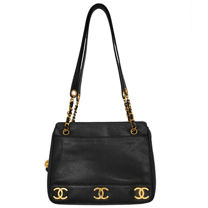 Chanel 1994-1996 Black Caviar Skin Triple CC Shoulder Tote Bag