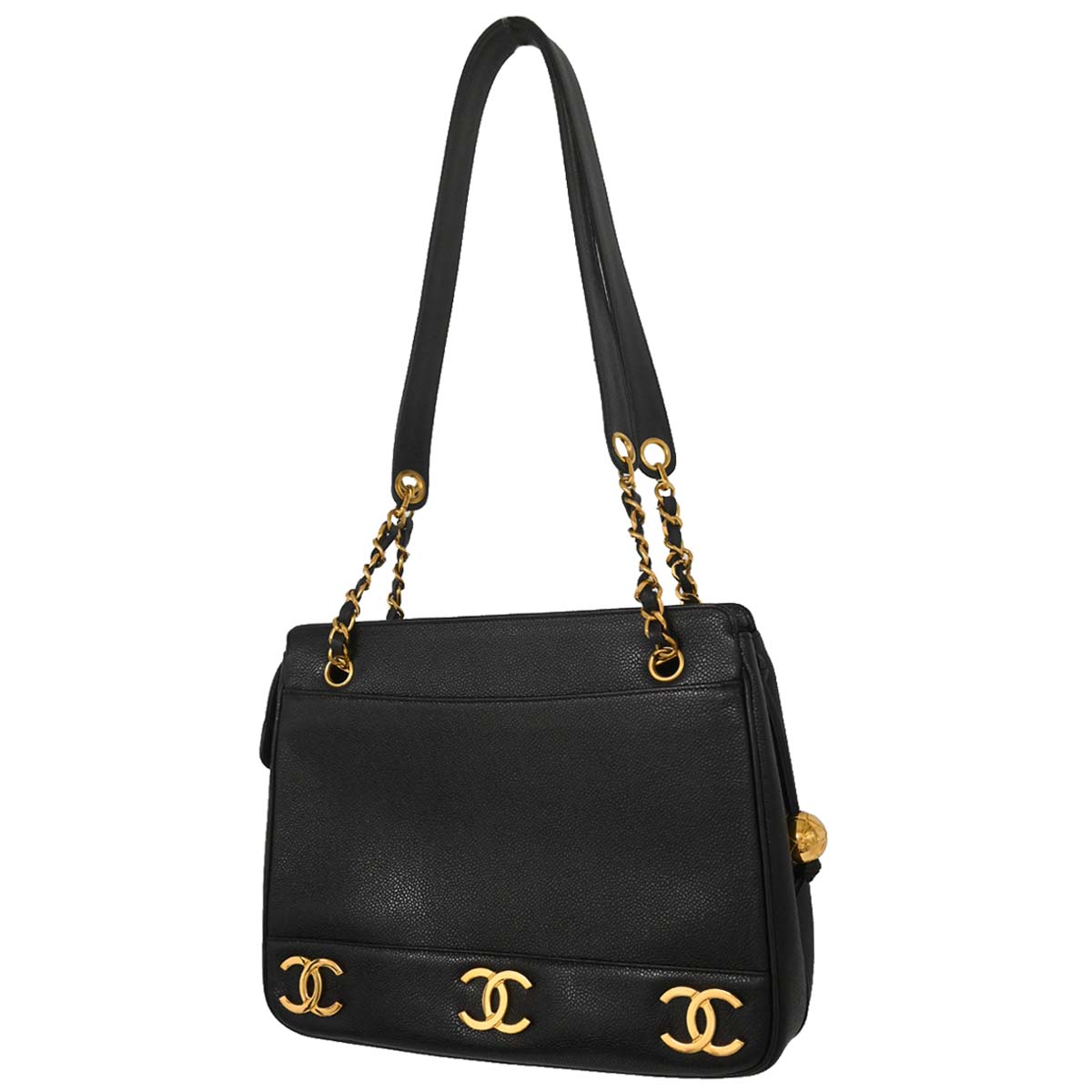 Chanel 1994-1996 Black Caviar Skin Triple CC Shoulder Tote Bag