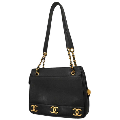 Chanel 1994-1996 Black Caviar Skin Triple CC Shoulder Tote Bag