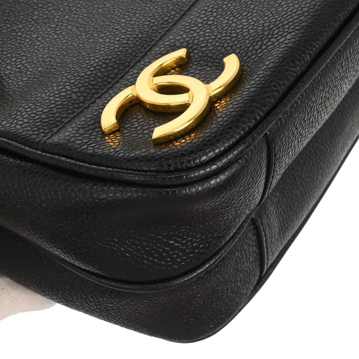 Chanel 1994-1996 Black Caviar Skin Triple CC Shoulder Tote Bag