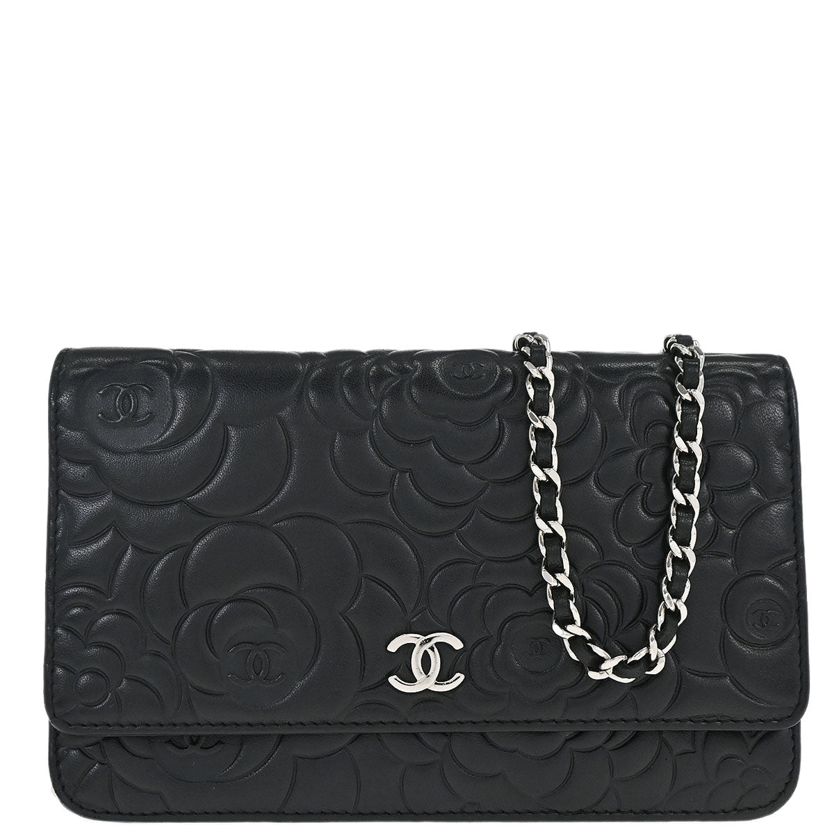 Chanel Black Lambskin Camellia WOC Wallet on Chain Bag