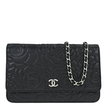 Chanel Black Lambskin Camellia WOC Wallet on Chain Bag