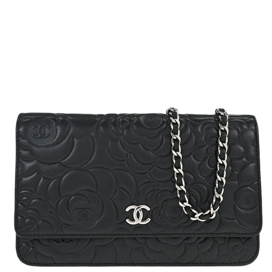 Chanel Black Lambskin Camellia WOC Wallet on Chain Bag