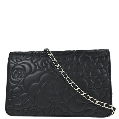 Chanel Black Lambskin Camellia WOC Wallet on Chain Bag