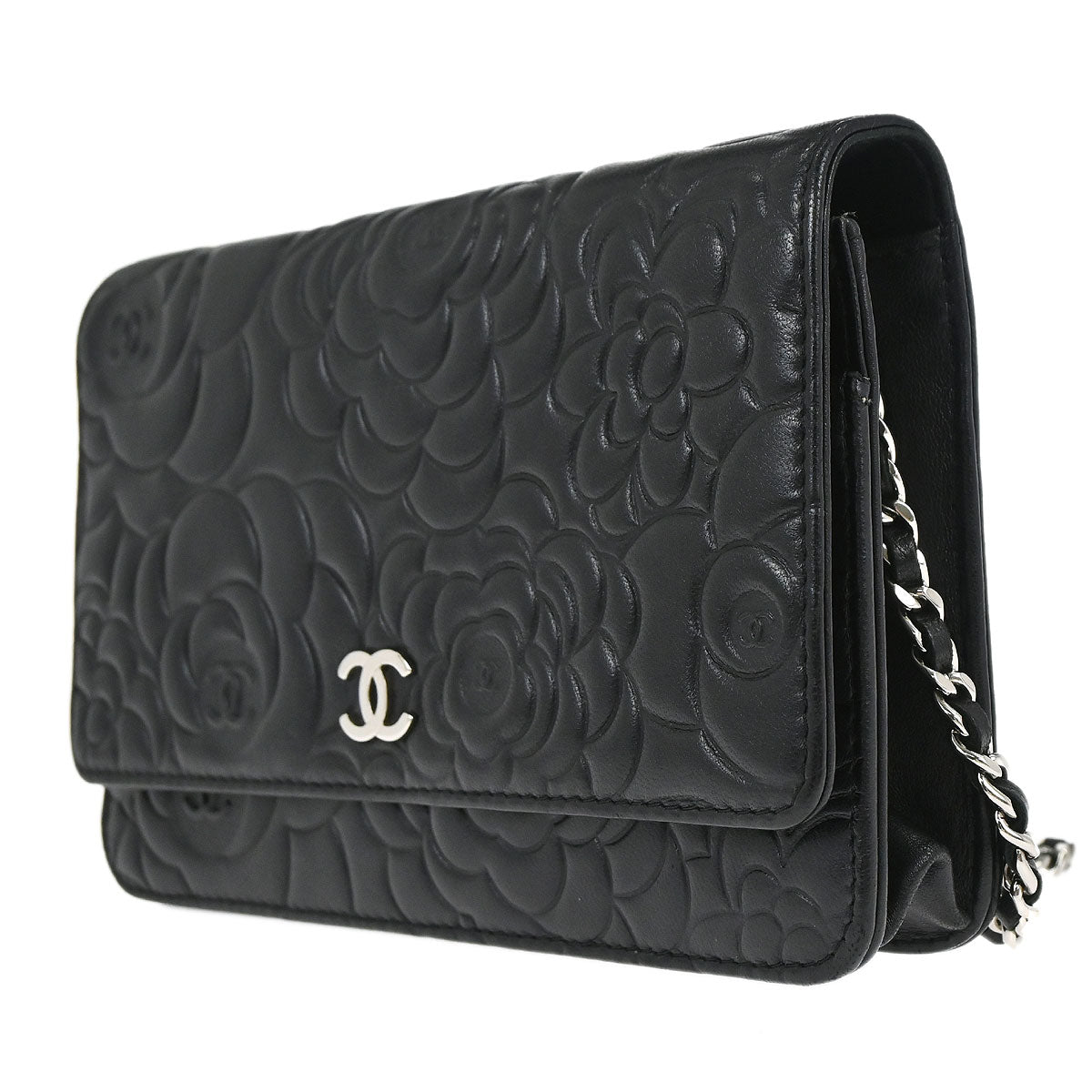 Chanel Black Lambskin Camellia WOC Wallet on Chain Bag