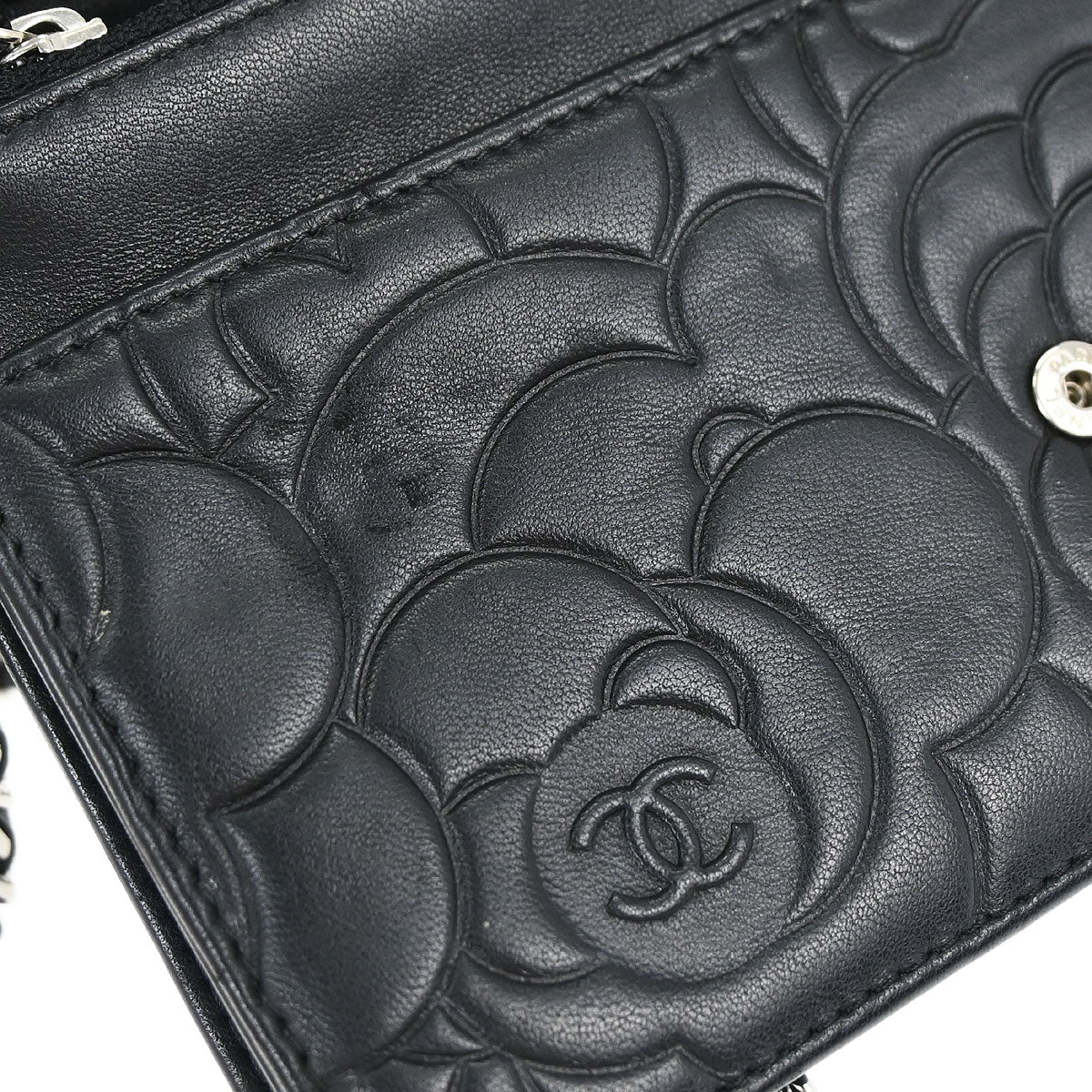 Chanel Black Lambskin Camellia WOC Wallet on Chain Bag