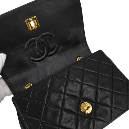 Chanel 1989-1991 Black Lambskin Straight Full Flap Shoulder Bag
