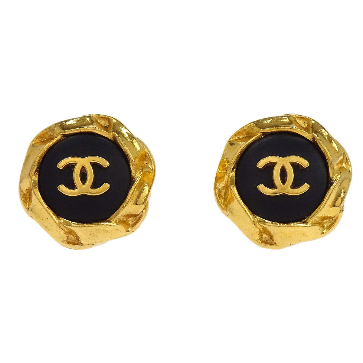Chanel Button Clip-On Earrings Gold Black 96A