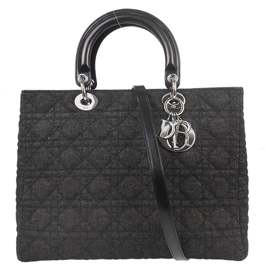 Christian Dior Black Denim Large Lady Dior Cannage 2way Shoulder Handbag