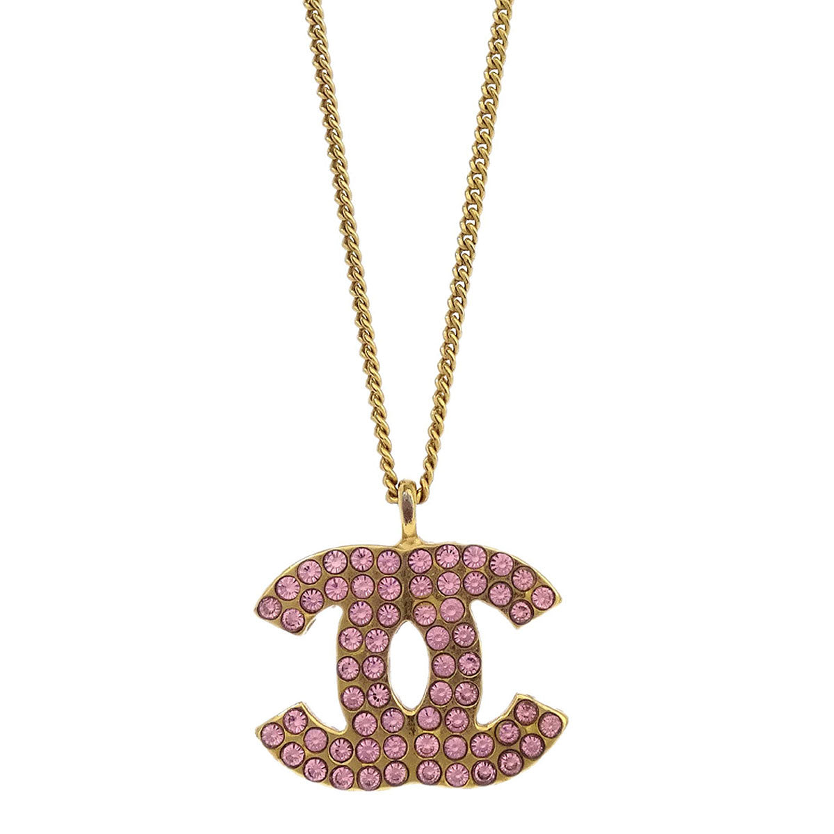 Chanel CC Chain Pendant Necklace Rhinestone Gold Pink 02P