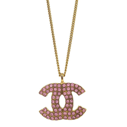 Chanel CC Chain Pendant Necklace Rhinestone Gold Pink 02P