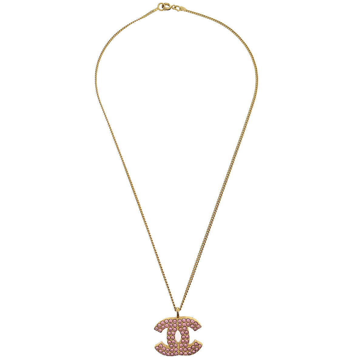 Chanel CC Chain Pendant Necklace Rhinestone Gold Pink 02P