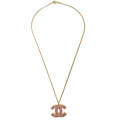 Chanel CC Chain Pendant Necklace Rhinestone Gold Pink 02P