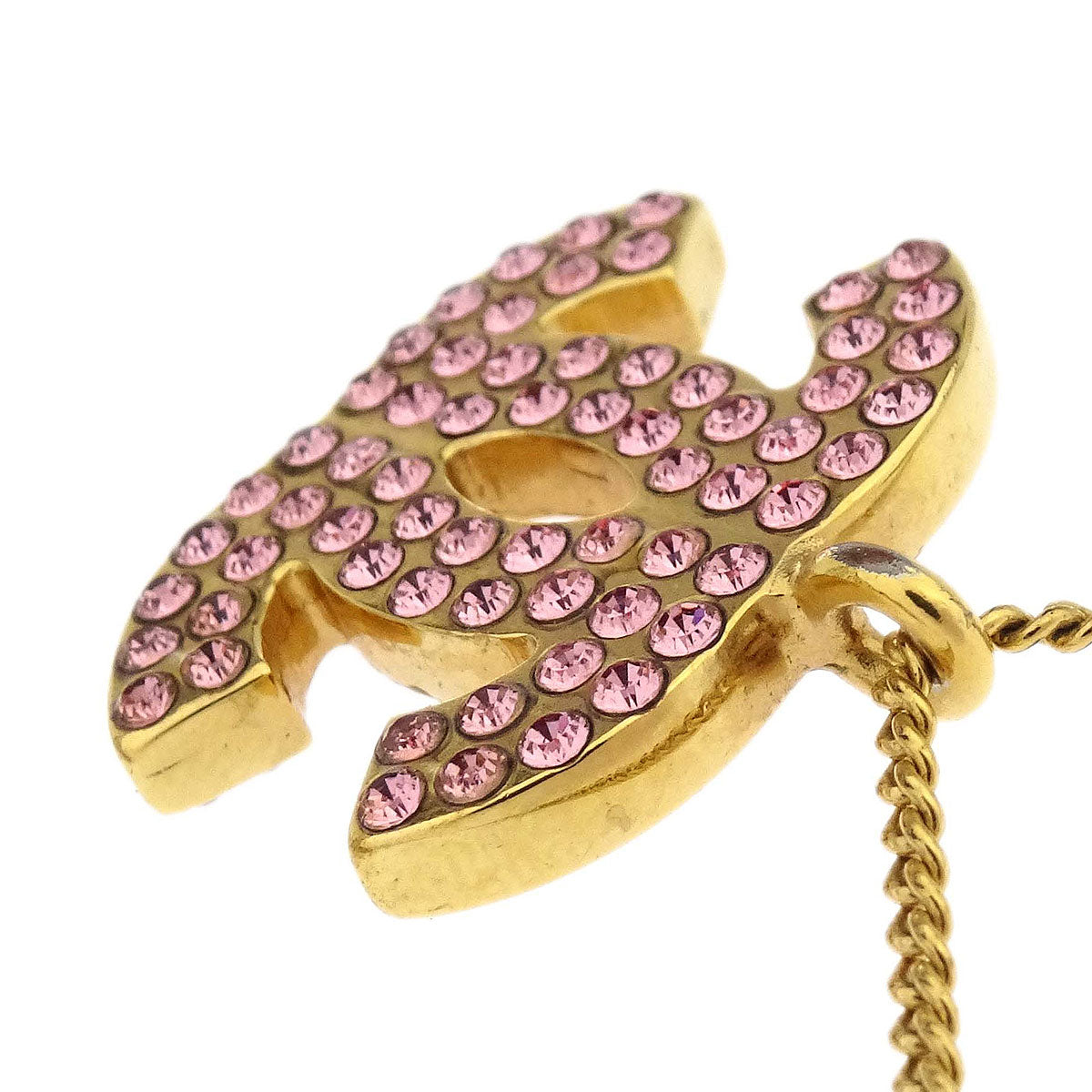 Chanel CC Chain Pendant Necklace Rhinestone Gold Pink 02P