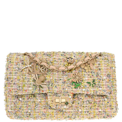 Chanel White Tweed Garden Party Medium Classic Double Flap Shoulder Bag