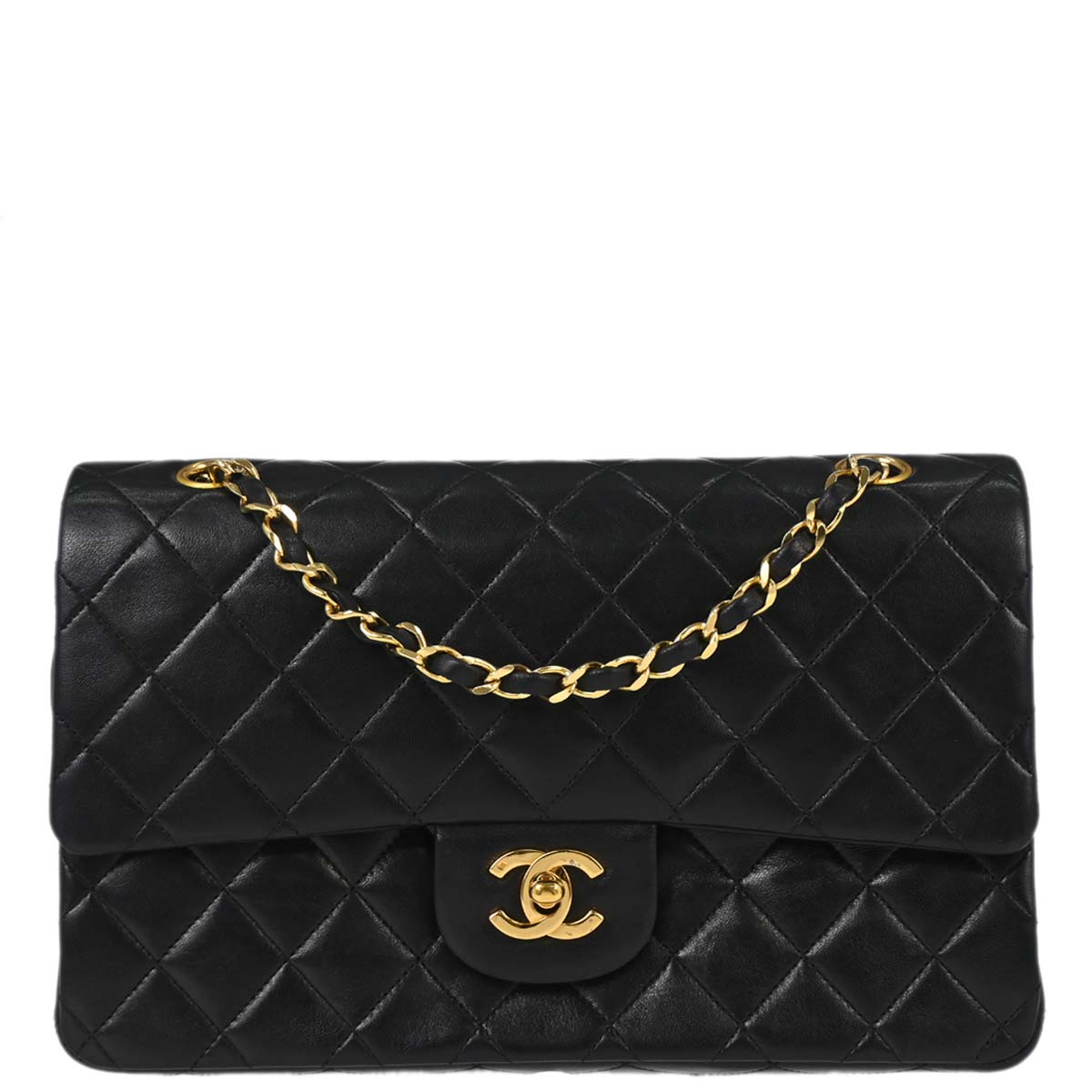 Chanel 1989-1991 Black Lambskin Medium Classic Double Flap Shoulder Bag