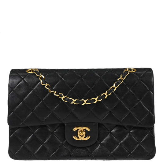 Chanel 1989-1991 Black Lambskin Medium Classic Double Flap Shoulder Bag