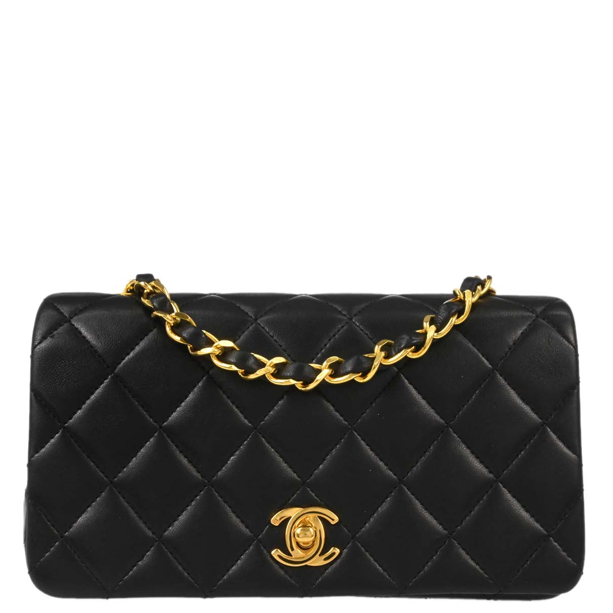 Chanel 1989-1991 Black Lambskin Turnlock Mini Full Flap Shoulder Bag