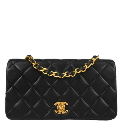 Chanel 1989-1991 Black Lambskin Turnlock Mini Full Flap Shoulder Bag