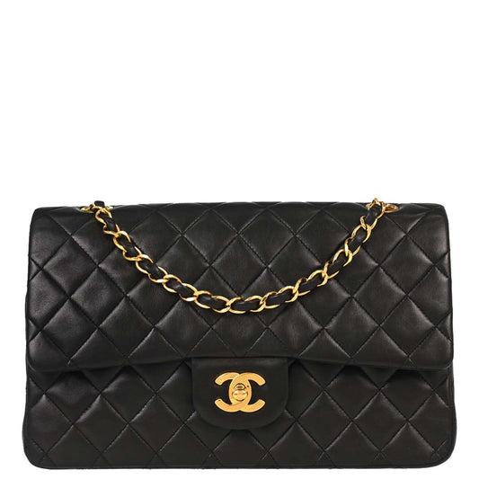 Chanel 1991-1994 Black Lambskin Medium Classic Double Flap Shoulder Bag