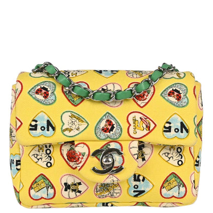 Chanel 2005-2006 Yellow Canvas Valentine Mini Classic Square Flap Shoulder Bag