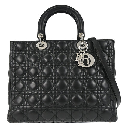 Christian Dior Black Lambskin Large Lady Dior Cannage 2way Shoulder Handbag