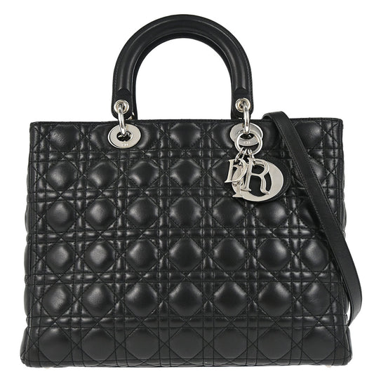 Christian Dior Black Lambskin Large Lady Dior Cannage 2way Shoulder Handbag