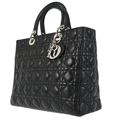 Christian Dior Black Lambskin Large Lady Dior Cannage 2way Shoulder Handbag