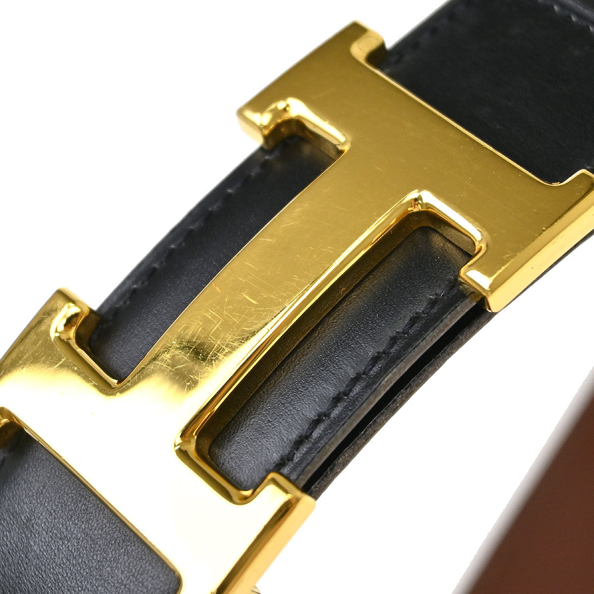 Hermes Black Brown Box Calf Constance Reversible Belt #80 Small Good