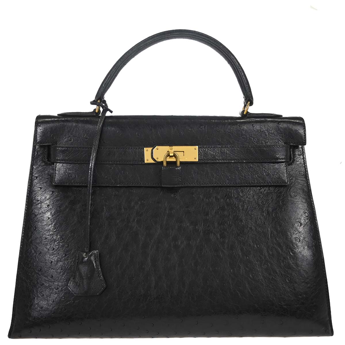 Hermes * Black Ostrich Kelly 32 Sellier Handbag